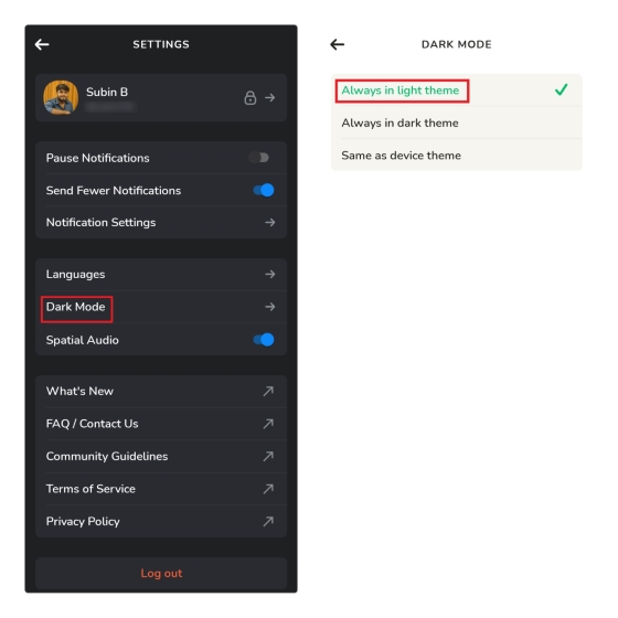 క్లబ్హౌస్లో లైట్ థీమ్కి తిరిగి మారండి